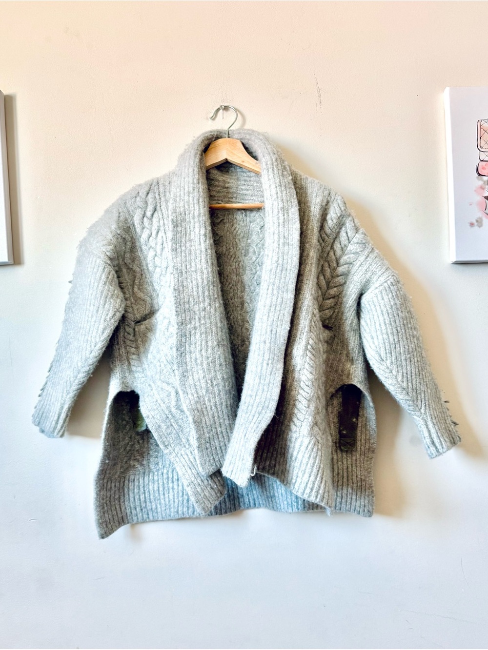 Zadig & Voltaire Sz XS/S Wool Gray Oversize Cable Knit Open Front Cardigan